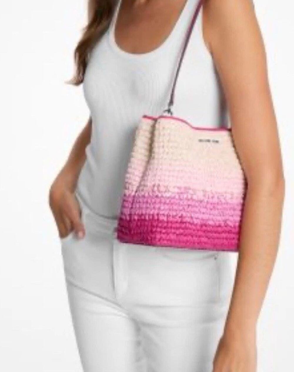 Michael Kors Pratt Women Medium Ombré Straw Bucket Shoulder Bag Dragonfruit